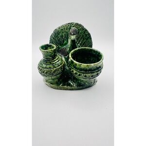 Vintage Green Drip Glaze Ceramic Peacock Double Vessel Figurine Desk Organizer